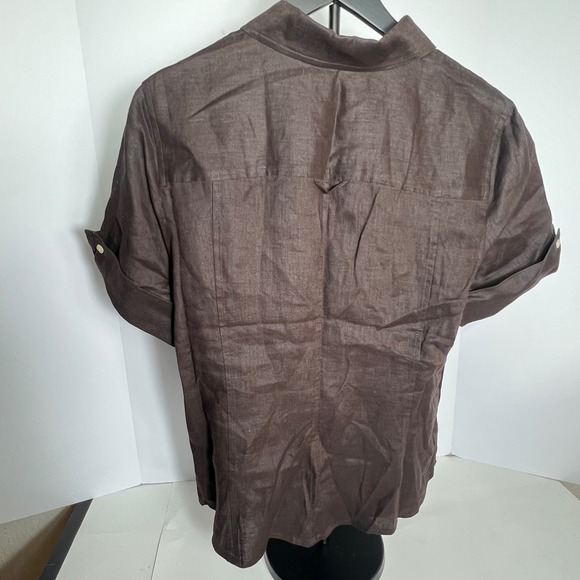 Studio by Liz Claiborne Brown 100% Linen Button Down Short Sleeve Top - Picture 4 of 7